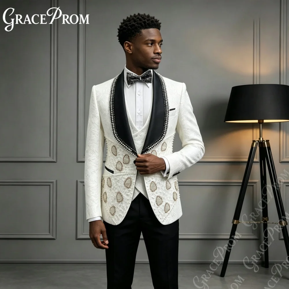 Exquisite Jacquard Peacock Studded Men Suits 2027 3PCS Wedding Groom Sets Man Shawl Suit Set Banquet Prom Party Evening Tuxedo