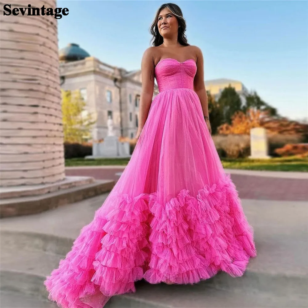 

Sevintage Elegant Amaranth Prom Dress Tulle A-Line Strapless Tiered Ruffles Formal Evening Dress Floor Length Party Gown 2024