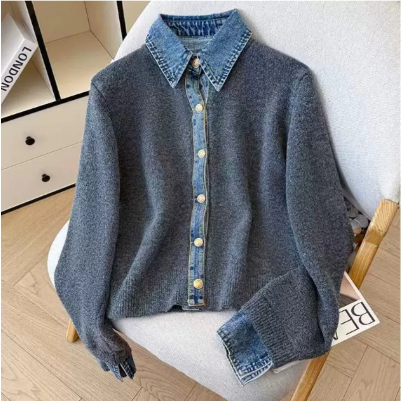 

Джинсовый лоскутный трикотаж в стиле ретро, женский свободный утягивающий топ с открытой передней частью, модный универсальный осенний новый поступление