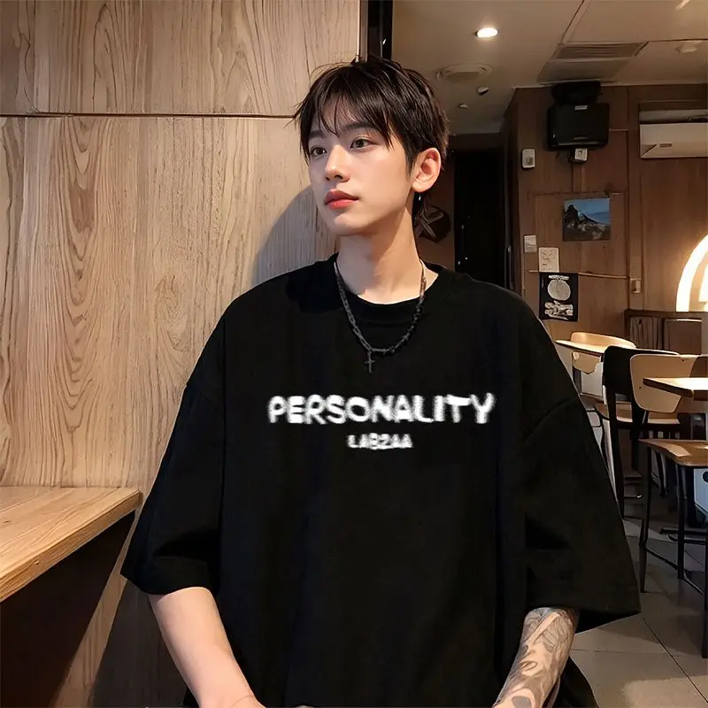 

American Style Pure Cotton Heavyweight Leisure Loose Fitting Street Trend Fashion Letter Printing Men's T-shirts Summer 2024
