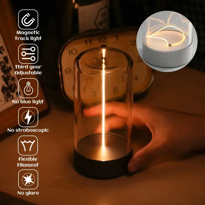 Cordless Table Lamp Magnetic Filament Movable Minimalist Table Lamp With 3 Levels Touch Dimmable Rechargeable Nightstand Lights