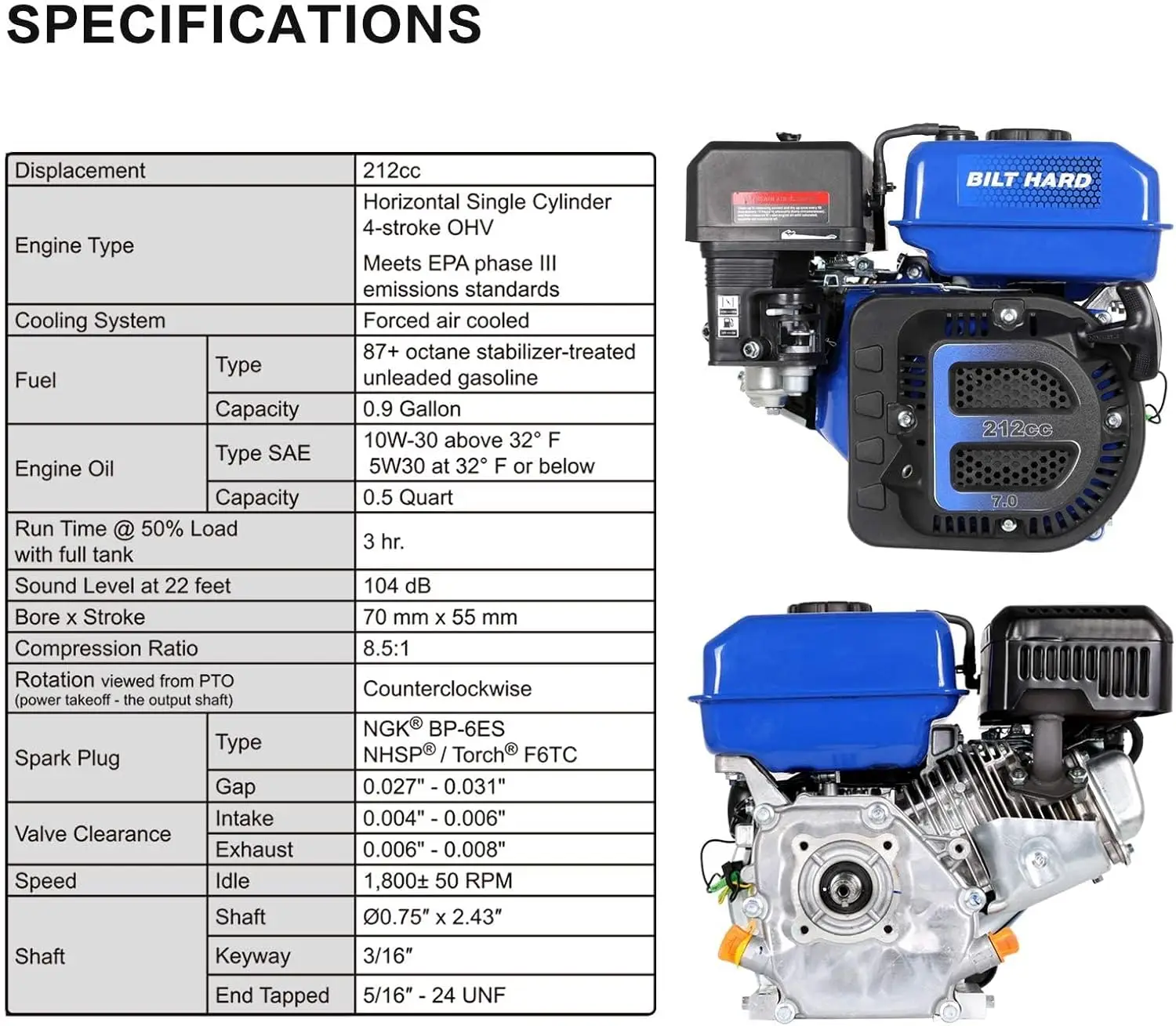 7HP Gas Engine Horizontal Shaft, 212cc 4 Stroke OHV Industrial Grade Replacement Gas Motor, Shaft 3/4