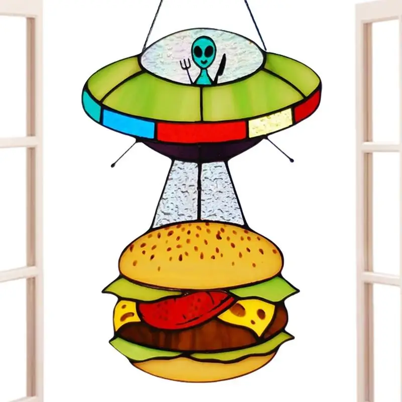 UFO Sun Catcher Stained Acrylic UFO Abduction Hamburger Sun Catcher Alien Pendant Ornaments Door Panel Painted UFO Pendant Room