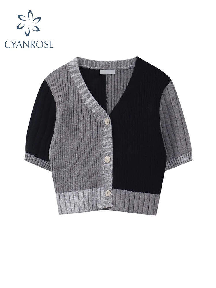 Korean Style O-neck Short Knitted Sweaters Women Thin Cardigan Button Up 2022 Summer Casual Fashion Patchwork Crop Top Female