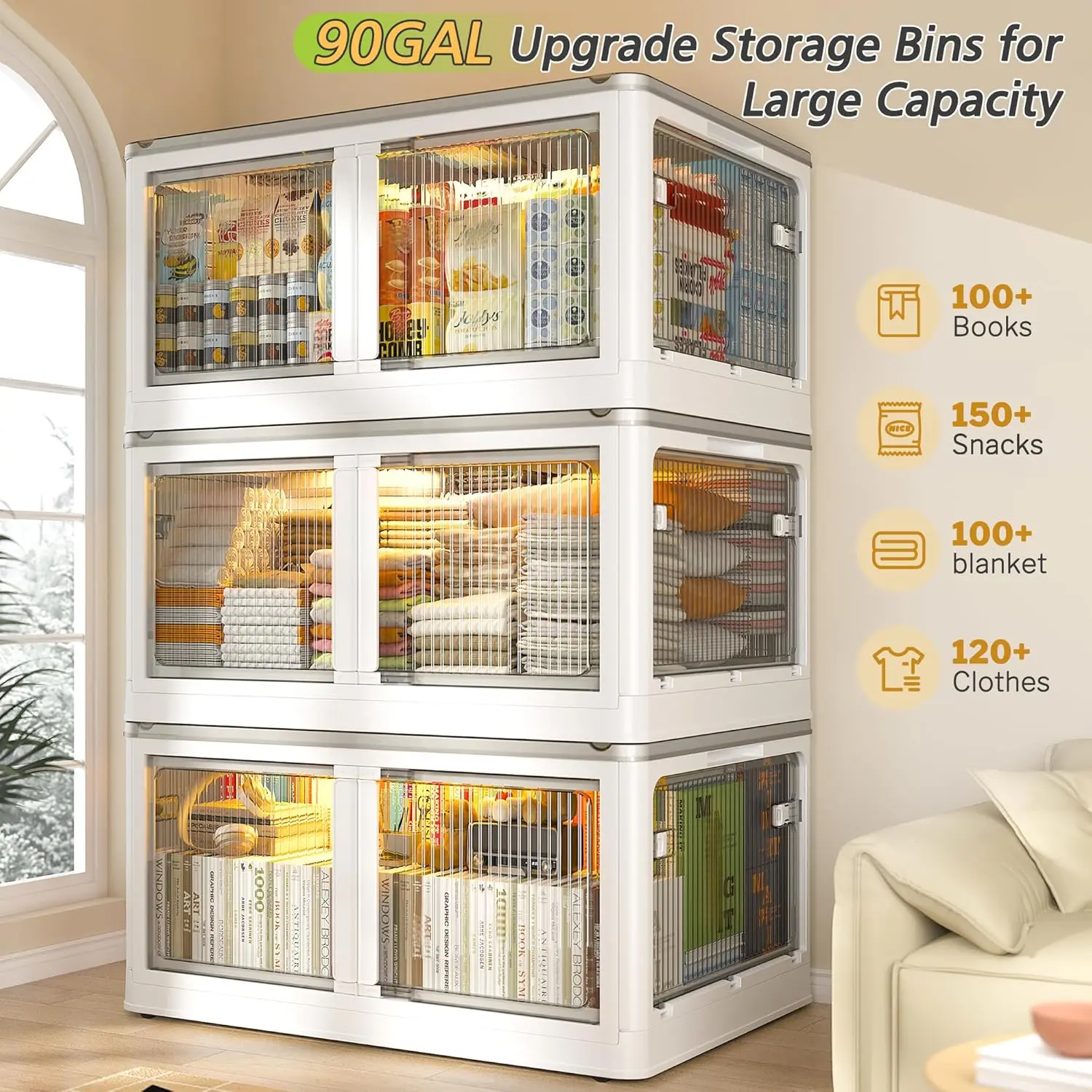 90GAL Stackable Storage Bins with Lids and Wheels, Large Collapsible Box, 3PC Closet Organizers