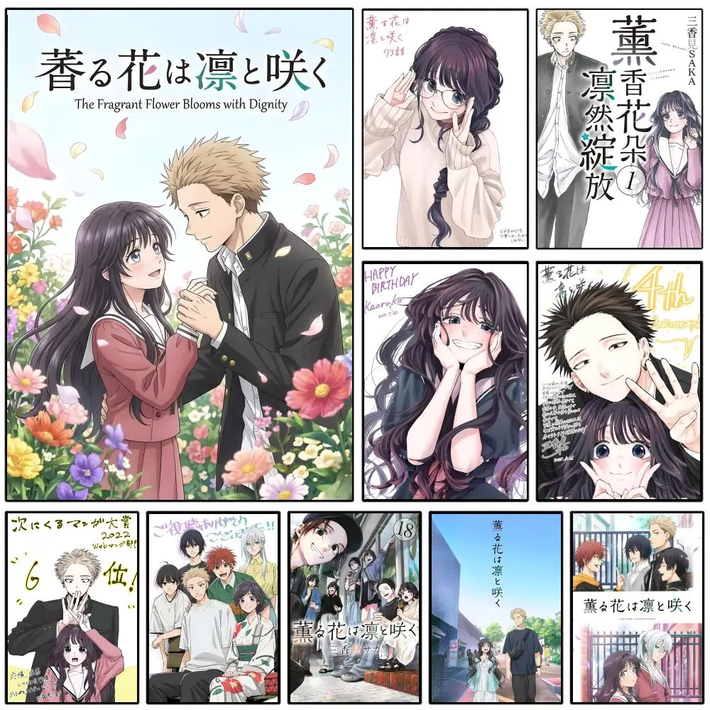 Póster de Anime de Dibujos Animados, La Flor Fragante Florece con Dignidad, Póster de Pared Autoadhesivo Impermeable para la Vida Familiar, Mascotas y Anime