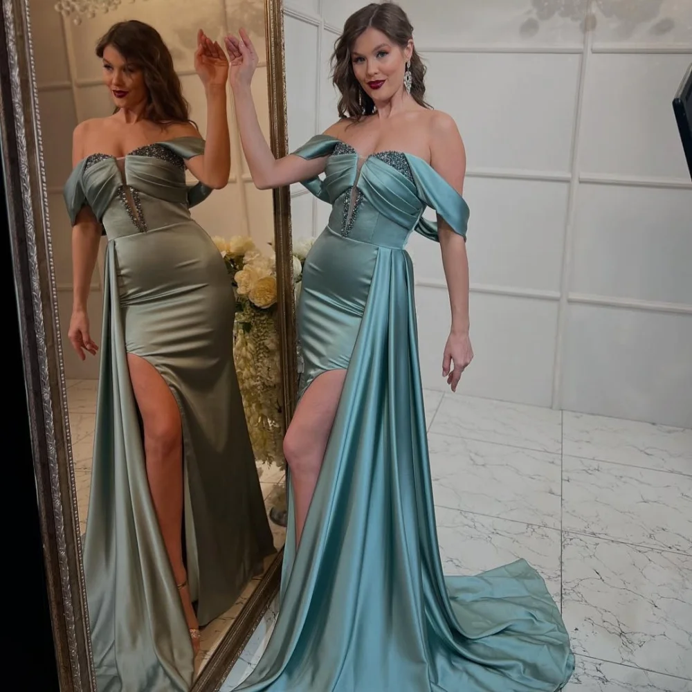 

Customized Exquisite Elegant Charmeuse Beading Pleat Column Off-the-shoulder Long Dresses Bespoke Occasion Dresses Matching Sexy