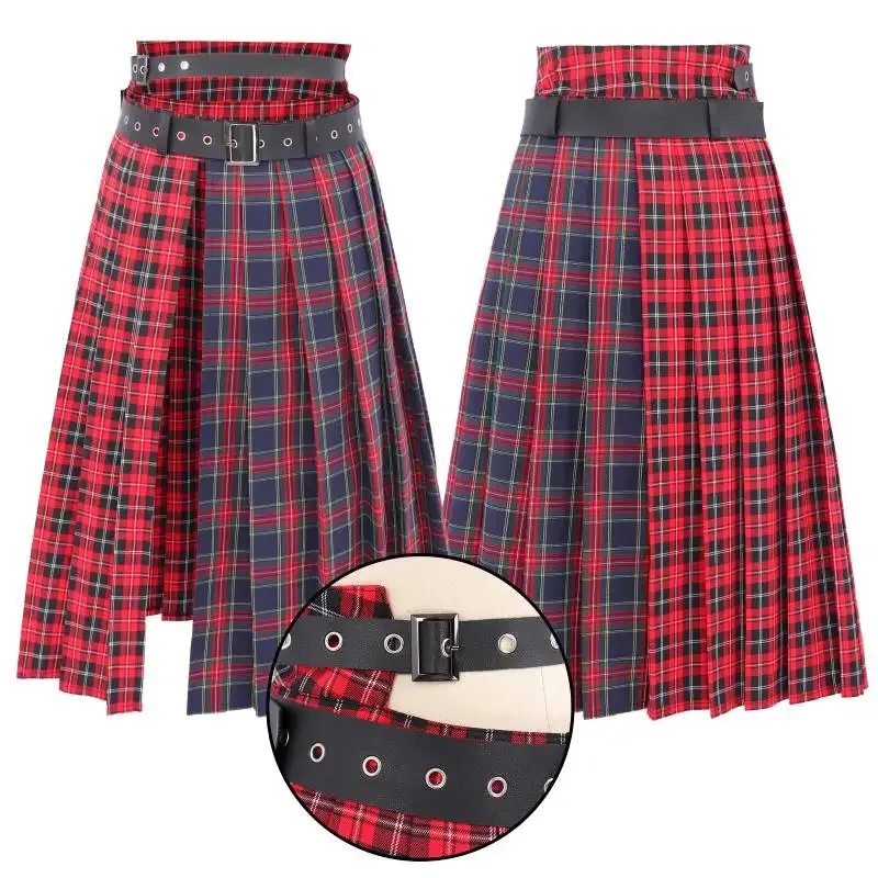 DAZCOS Belted Plaid Side Split Midi Skirt Two-tone Dress with Buckle Belt Low Waist Plaid Slit Thigh Midi Skirt for Women