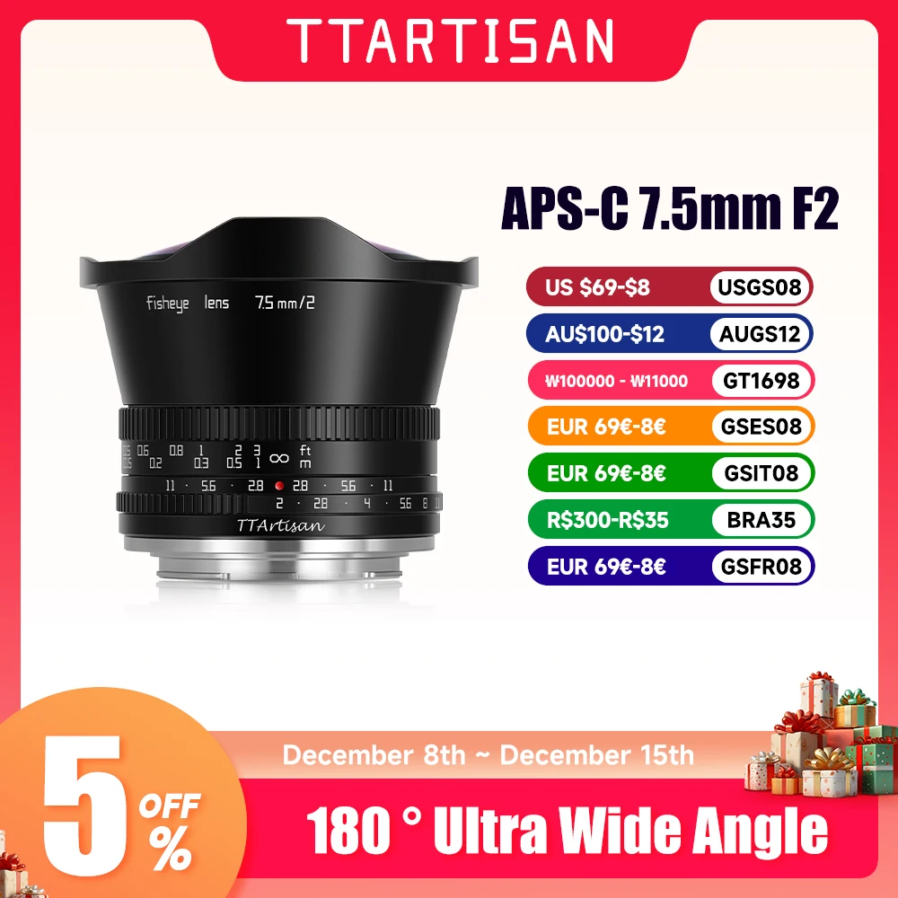 TTArtisan 7.5mm F2 APS-C Wide Angle Fisheye Lens for SONY E FUJI X Canon M Nikon Z Leica L Panasonic Olympus M43 Camera Lense