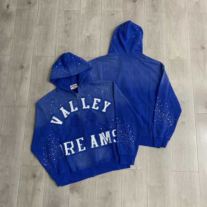 VALLEY Oversized Vintage Graffiti Cursive Text Zip Hoodie All Over Print Fit Y2K Hip Hop Sweatshirt Men's Clothing