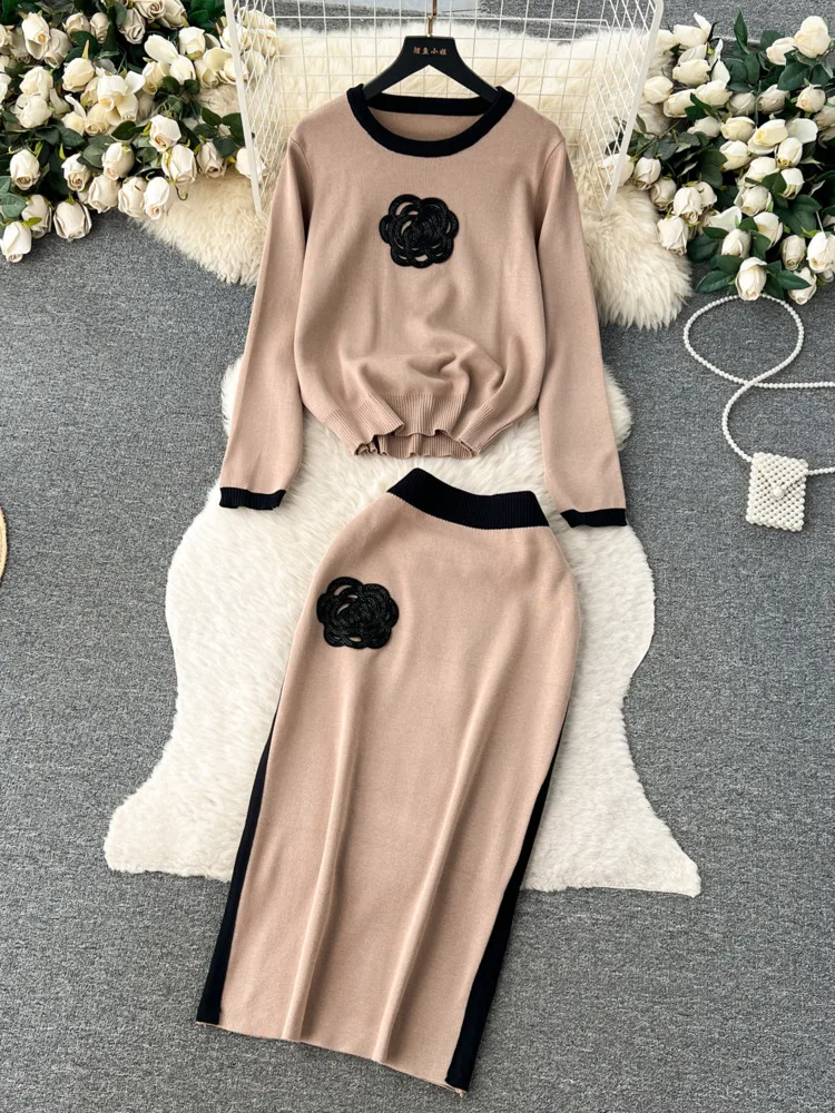 Elegant Two Piece Knit Set Autumn Winter Flower Design Long Sleeve Pullover Elastic Waist Long Skirt Fashion Sweater Suit