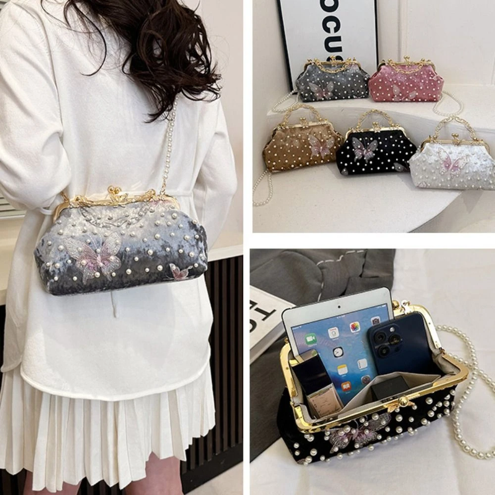 

Pearl Chinese Style Handbag Butterfly Cheongsam Accessories Embroidery Banquet Bag with Handle Single Shoulder Hanfu Clutch Bag