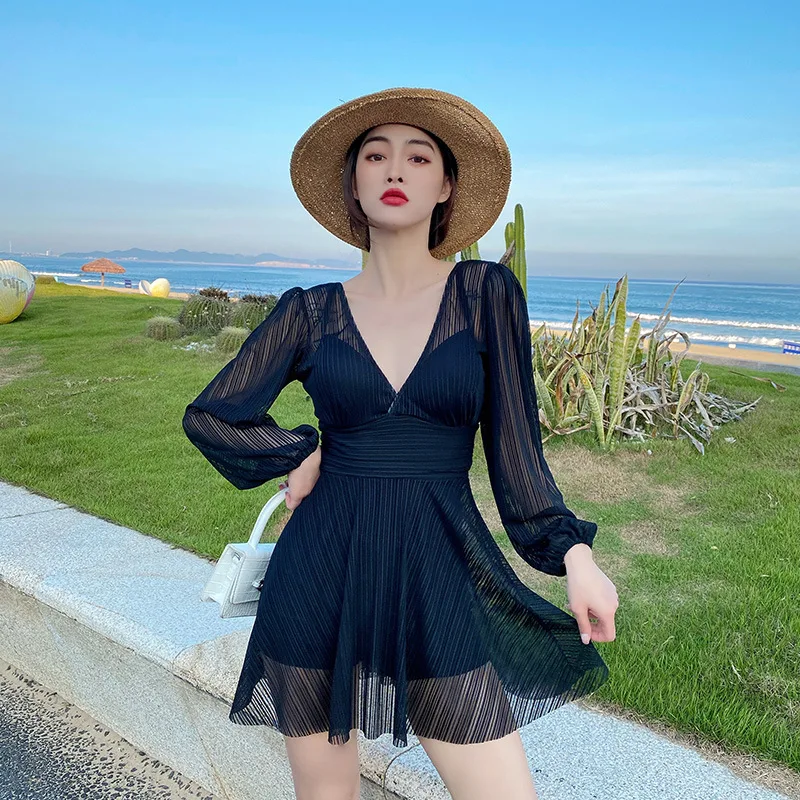 

2025 New Korean Two Piece Swimwear Dress Trummy Control Swimsuit Long Sleeve Bathing Suit Sexy Monokini Swim Pool Beachwear