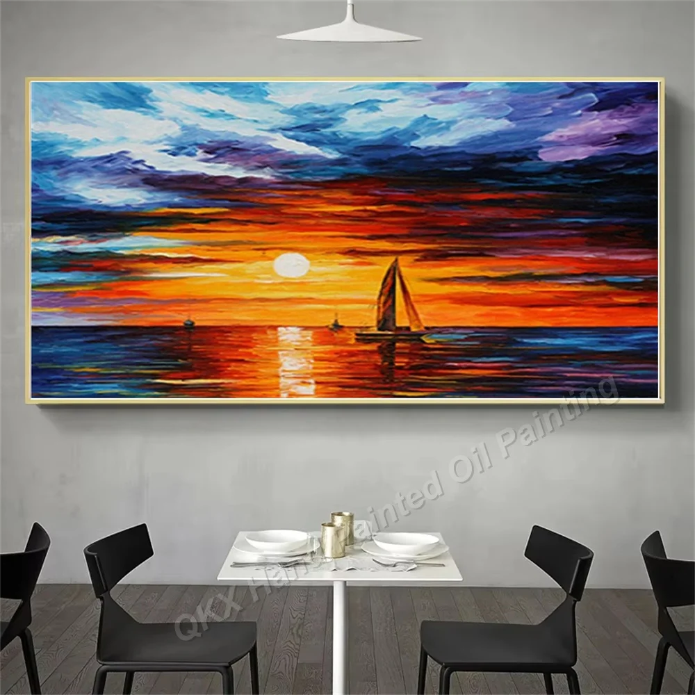Hand-Painted Oil Painting on Canvas Wall Art Decor for Living Room, Vibrant Ocean Sunset Yacht Textured Landscape Wall Art