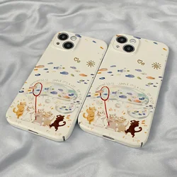 Cute Cartoon Cat Catching Fish Case for IPhone 16 15 14 13 Pro Max Back Phone Cover for 12 11 Pro 13 12 Mini X XS Acrylic Cover
