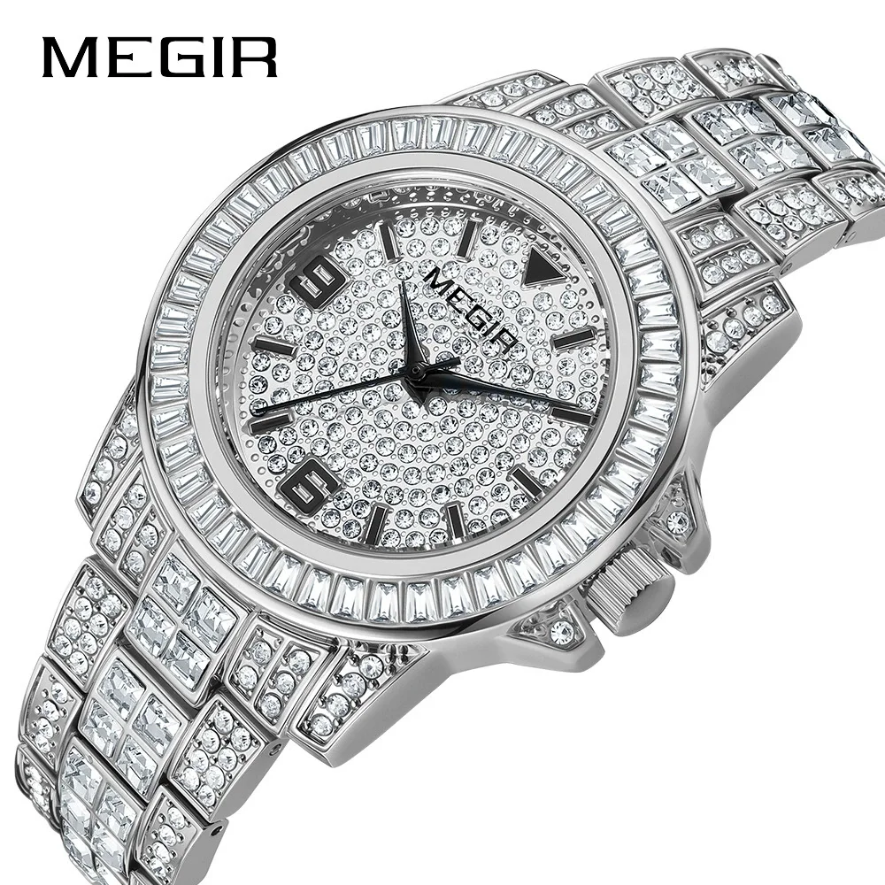

MEGIR 1062, деловые модные мужские кварцевые часы, роскошные повседневные часы с водонепроницаемым стальным ремешком и бриллиантами для мужчин, reloj hombre
