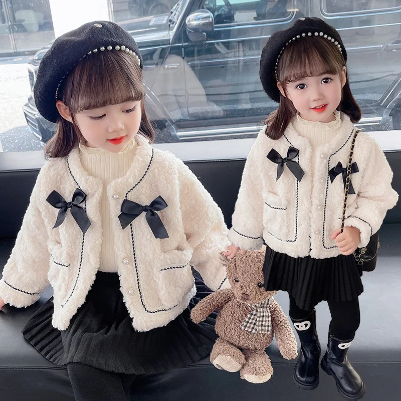 2024Baby Girls Winter Jacket Thicken Woolen Clothes Bow Tie Warm Plush Infant Toddler Children Cotton Outerwear For 1 To 8 Years