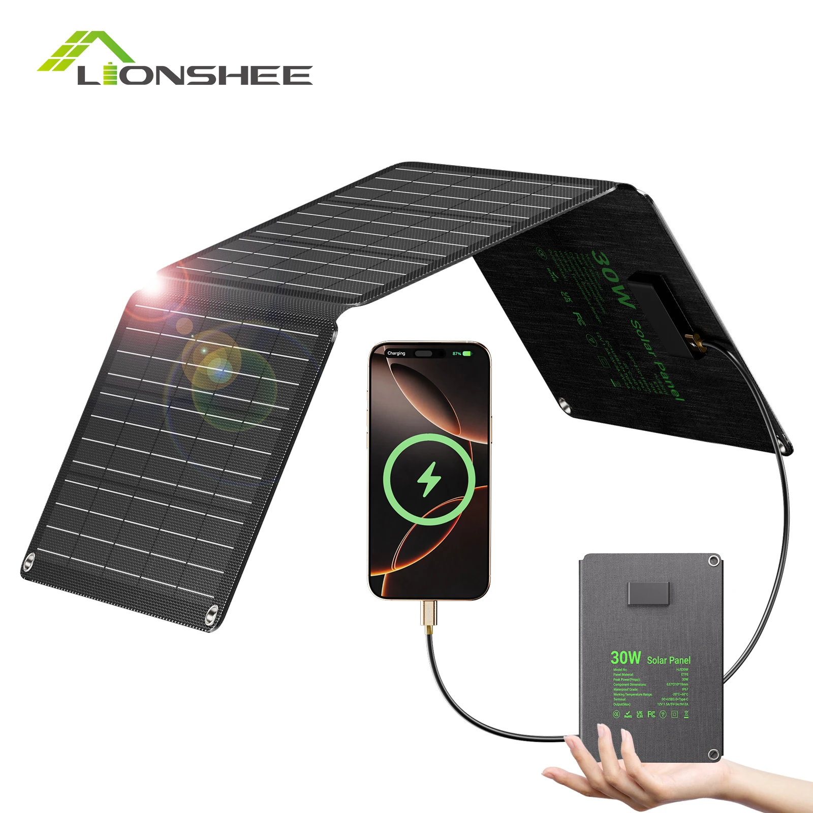 Painel Solar Portátil LIONS HEE 30W, Carregador Solar Dobrável, Proteção à Água IP67, Comp