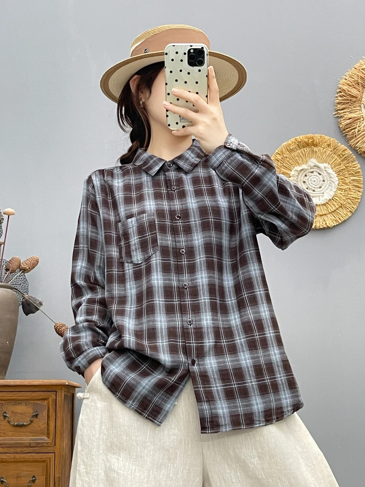 Camisa a cuadros Vintage de hilo de algodón para mujer, camisas a cuadros informales suaves y elegantes, tops de manga larga 2026