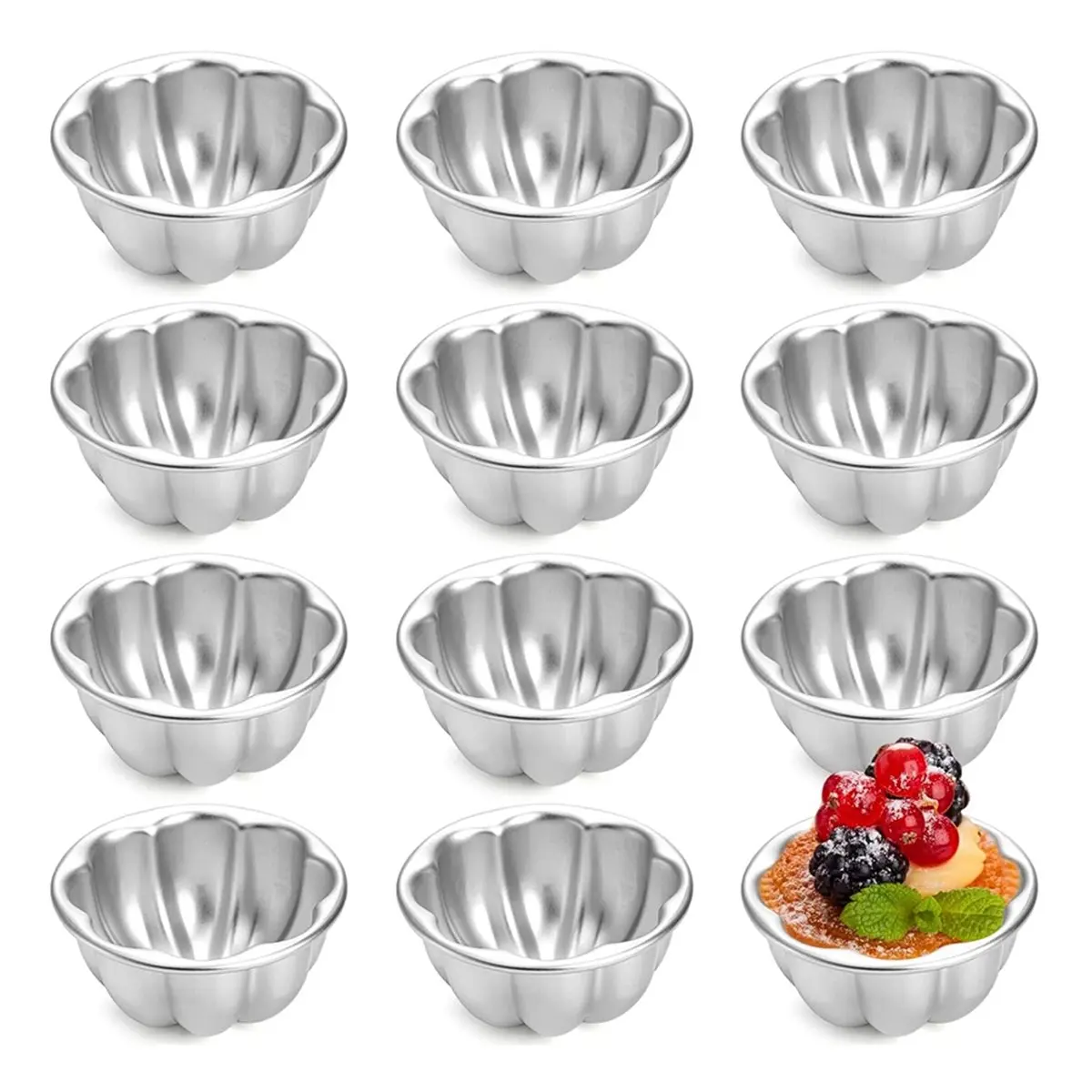 PROFESSIONAL USE 12 Pack Egg Tart Molds, Aluminum Alloy Pudding Jelly Molds, Reusable Cake Tartlets, Cupcake and Muffin Cups for