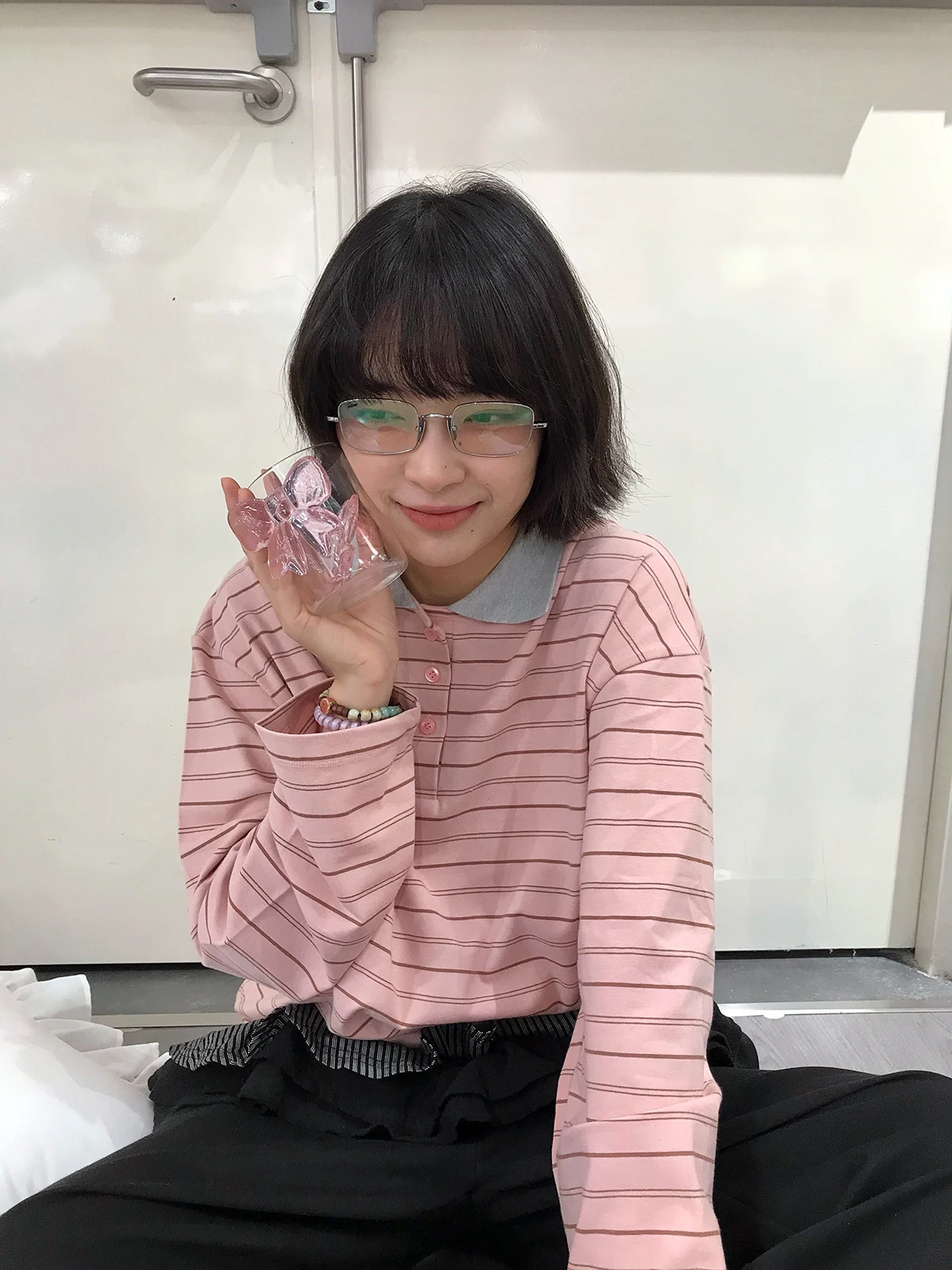 Sakura Model Long Sleeve  Neck T-Shirt Casual Loose Women's Top Creative Pattern Commute Style Korean Version Autumn Wear