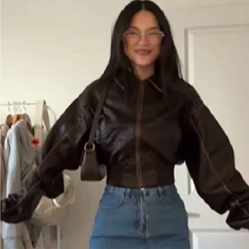 Vintage Women PU Leather Women Jacket Lapel Long Sleeve Fitted Waist Zipper Coat Short Coat 2025 Autumn Lady Streetwears Outwear