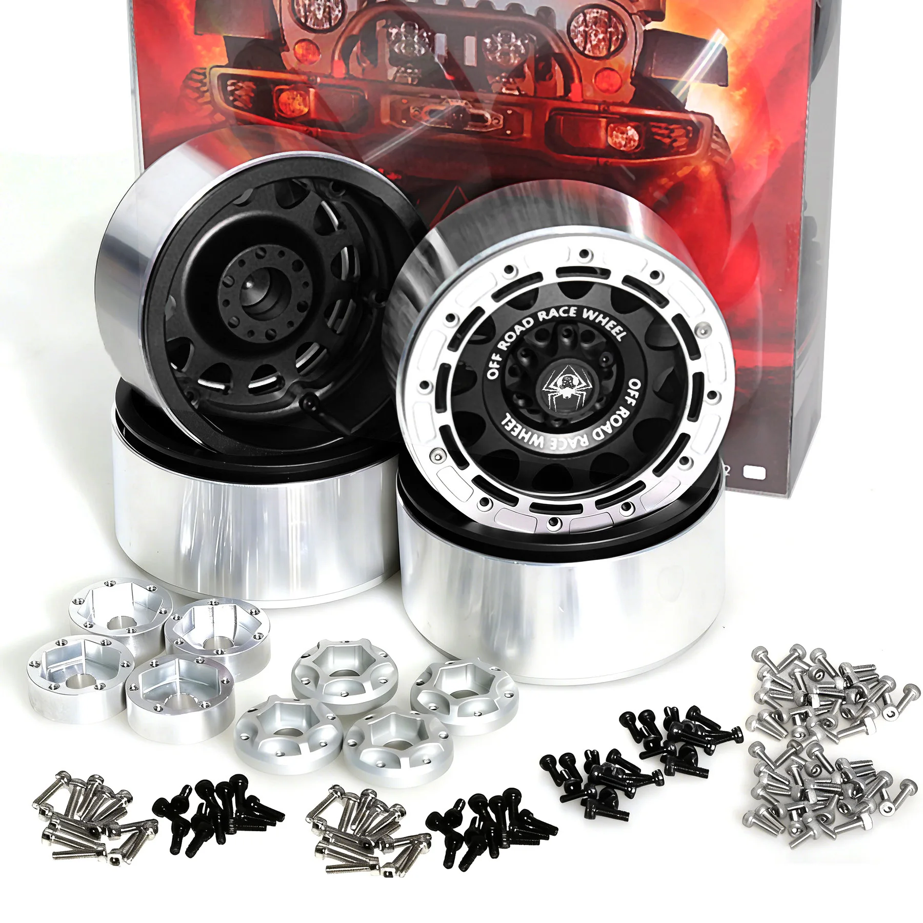 Jantes Beadlock de 2,6 pouces, 4 pièces avec hexagones de 17 mm/12 mm, compatibles avec MJX H8H MK07 KM4 4082/83 1/7 1/8 1/10, voiture tout-terrain