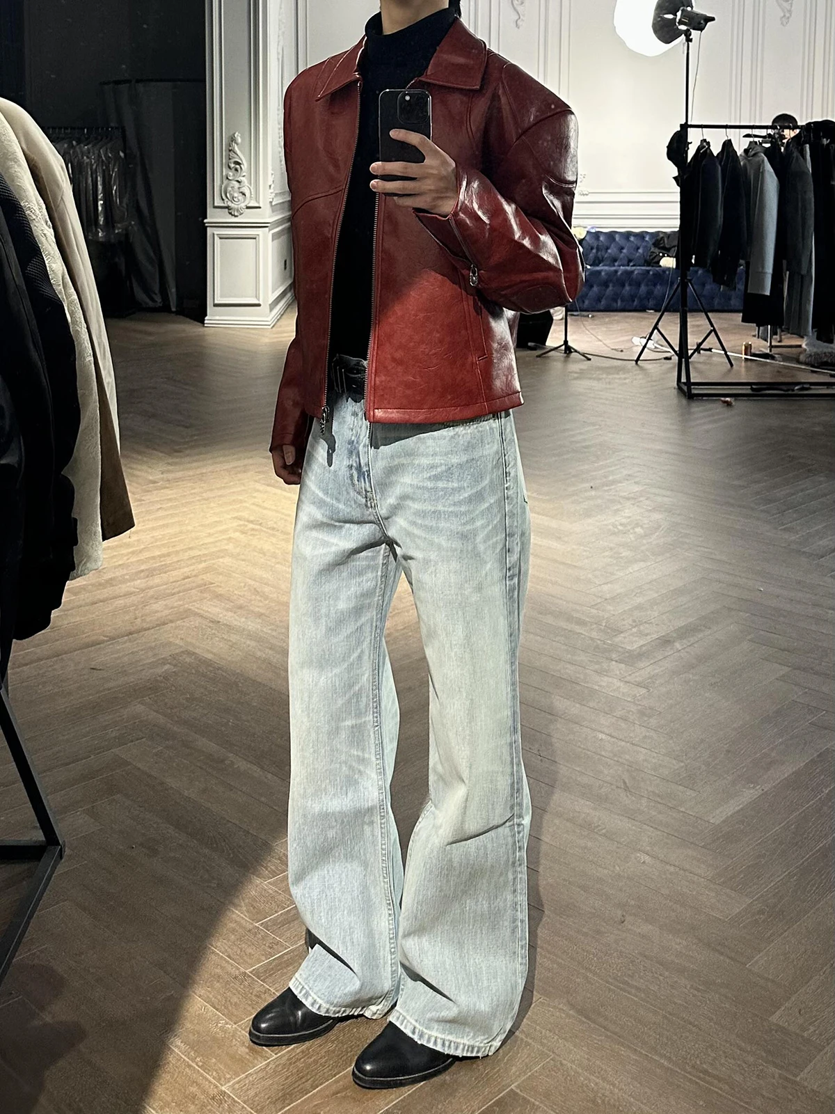 

Waed Blue Men's Jeans High Street Vibe American Retro Cleanfit Long Pants Micro Flared Trousers Straight Leg mid Waist