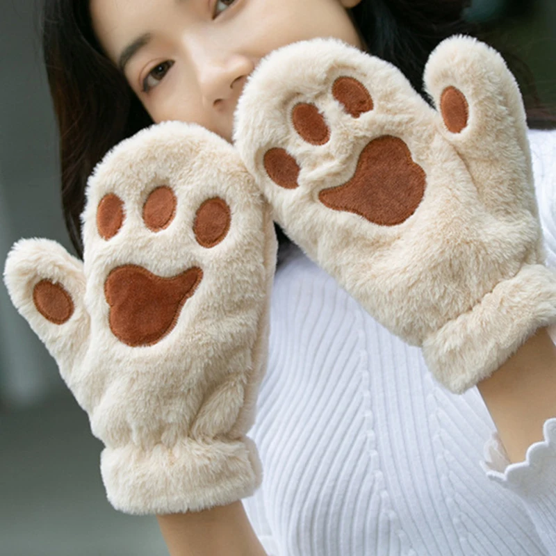 Kawaii Women Cat Bear Gloves Fashion Girls Cat Claw Paw Plush Mittens Warm Soft Plush Full Finger Fluffy Winter Gloves Costume