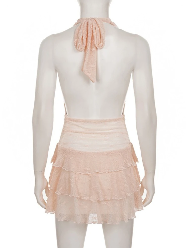 SsTss 夏ロマンチックなライトピンクのレースのホルタードレス女性のセクシーなレースアップディープ V ノースリーブバックレススリムティアードフリルミニドレス