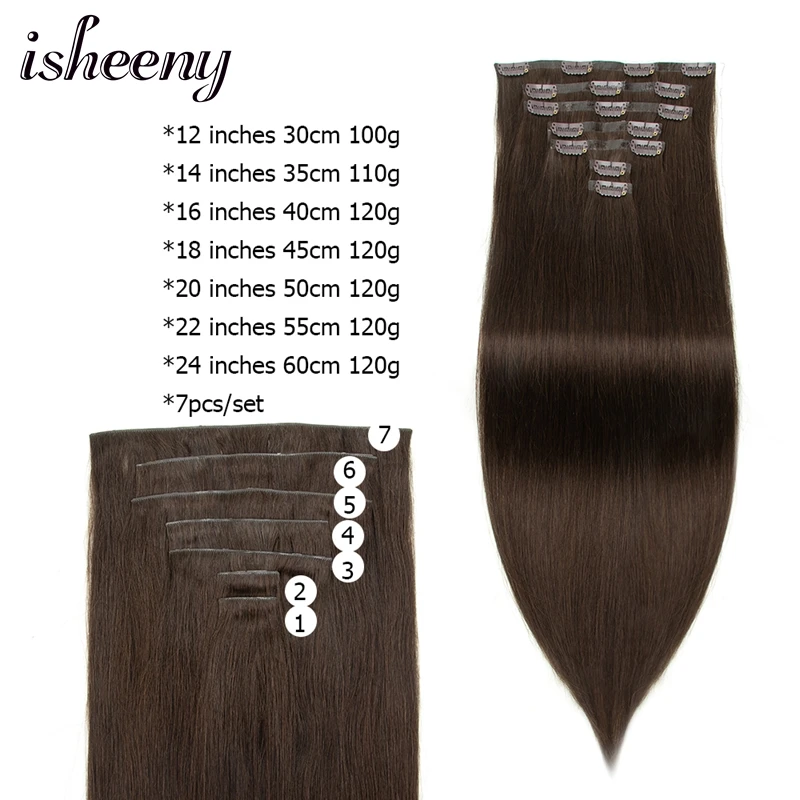 isheeny Invisible Clip In Human Hair 7pcs/set 12-24 inches Natural Straight Injected Thin PU Skin Weft Hair Weft Bundles Clip in