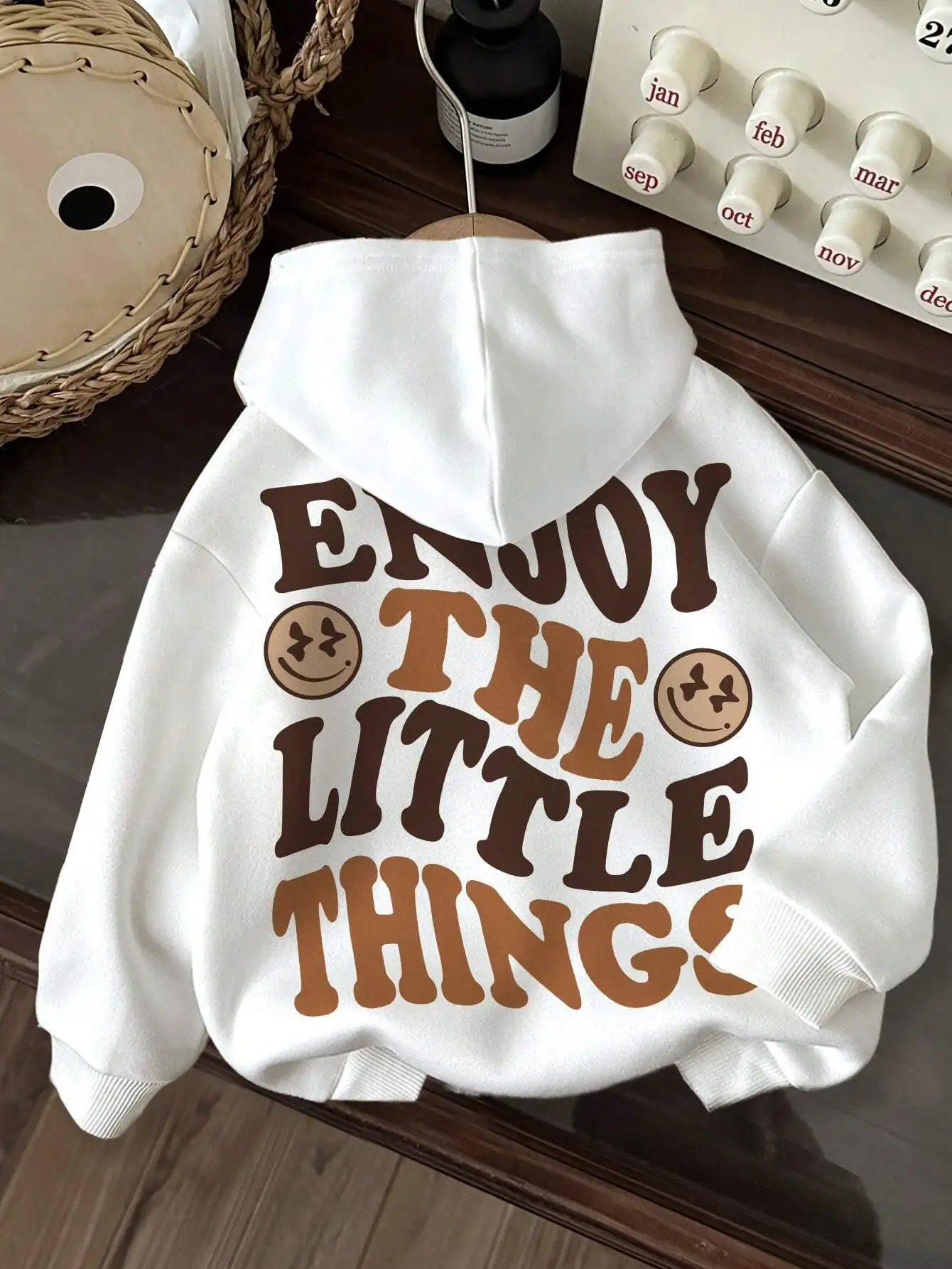 

White Loose Hoodie with Brown Typographic Print 'Enjoy the Little Things' - Autumn Winter Casual Sweatshirt