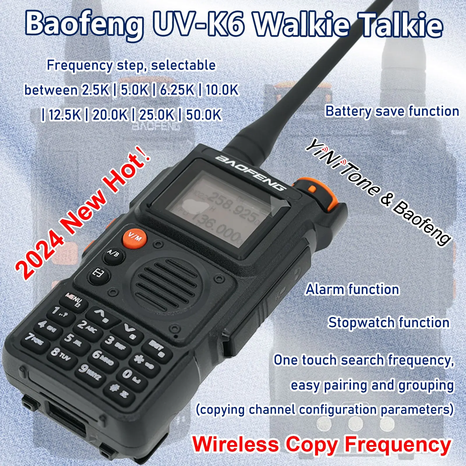 

2024 New Baofeng UV-K6 Walkie Talkie NOAA Full Band Wireless Copy Frequency LED Flashlight Type-C USB Charging Two Ways Radio