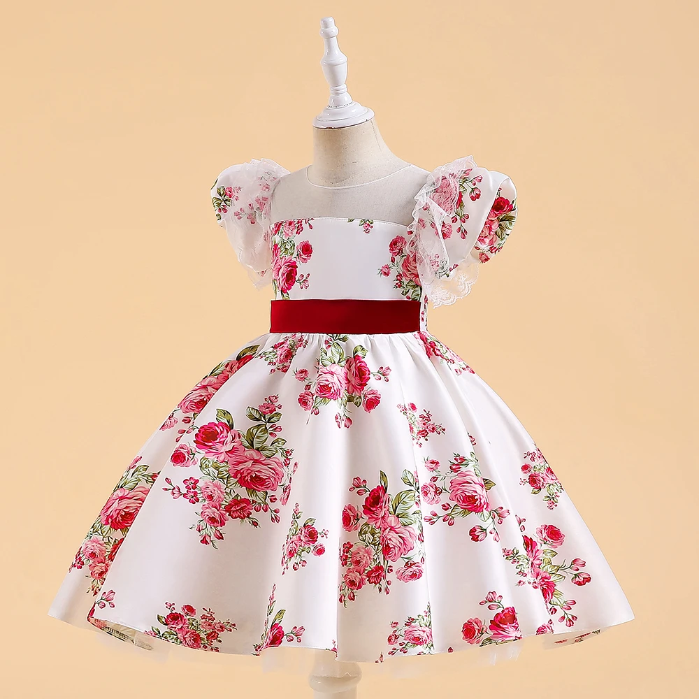 Floral Vintage Summer Dress For Girls Elegant Birthday Princess Party Dresses Puff Sleeve Lace Casual Costume Children\'s Clothes