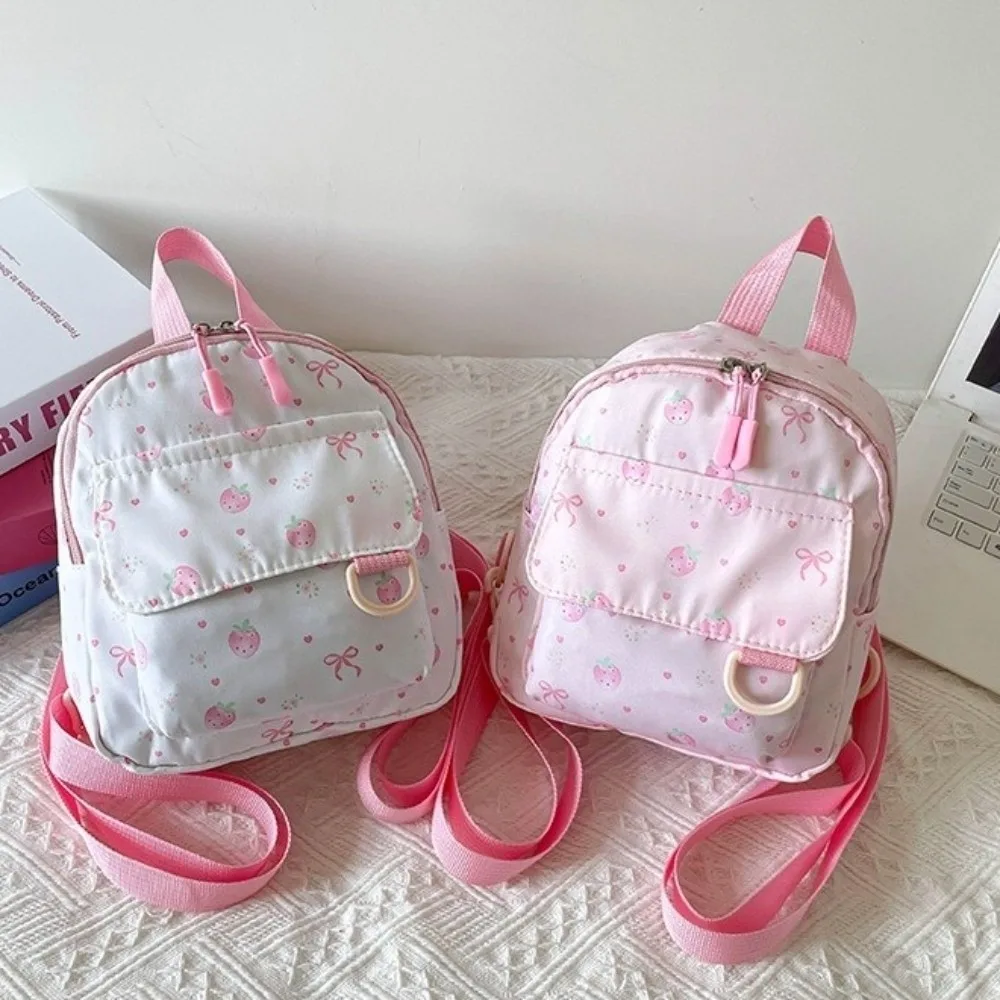 Casual Lightweight Mini Backpack Strawberry Nylon Bowknot Printed Bag Simple Polyester Daypack Commute