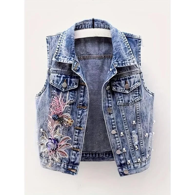 

Denim Vest with Studs Beaded Cross-Border Jeans Vest Women's Inner Wear Regular Length All-Match Style Fashionable Trend