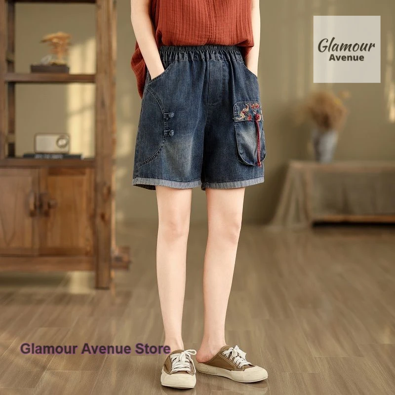 Nuovi pantaloncini tascabili in denim con ricamo letterario retrò cinese nuova estate nuovi pantaloni casual a quattro punti larghi e sottili in vita elastica