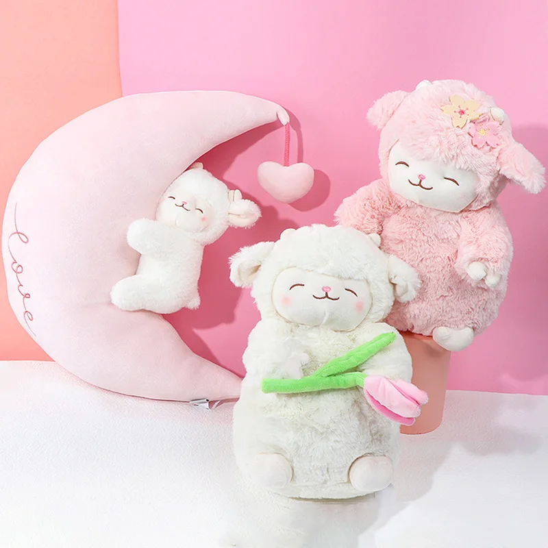 Muñeco de peluche de cordero Kawaii, oveja rosa blanca dulce, flor de tulipán, muñeco de peluche suave, oveja Wuggy, juguete de peluche de dibujos animados