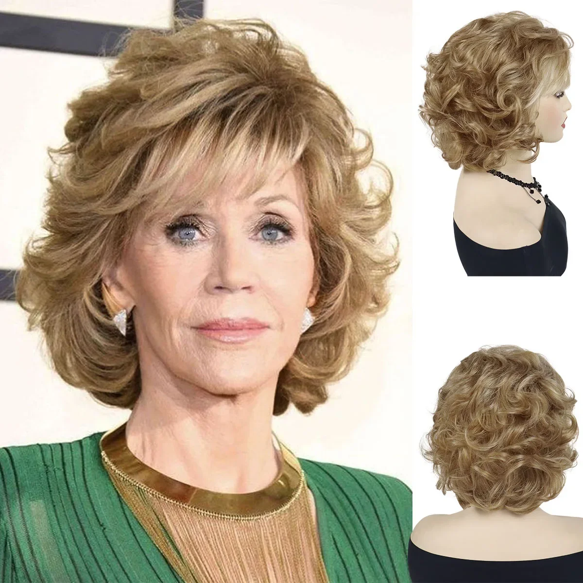 Synthetic Short Blonde Curly Wig for Women Natural Hair Styles Mommy Wigs with Bangs Short Haircut Old Lady Gifts Mother Grandma