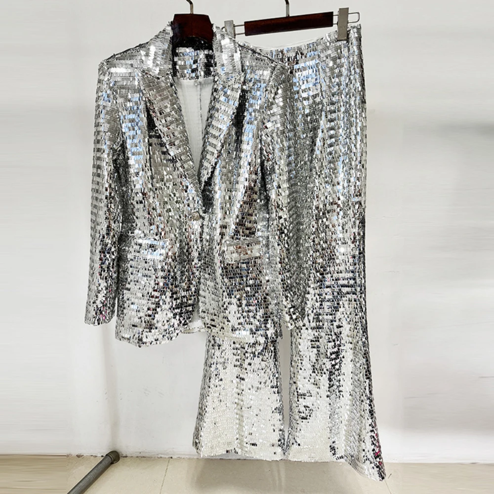 

2025 Spring And Summer Fashion Single Button Mesh Sequined Suit Flare Pants Suit Two-piece Set Runway Plus Size
