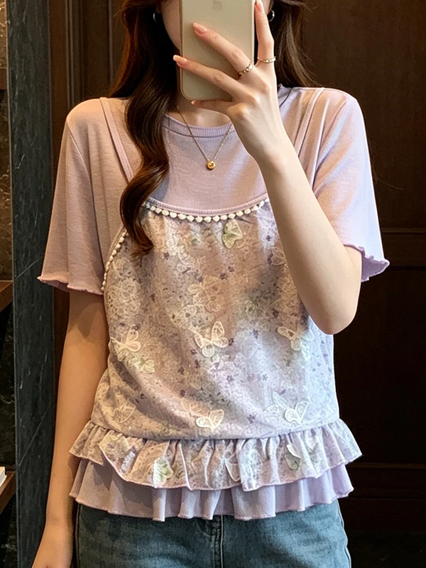 

Summer New plus Size Lace Halter Splice Fake Two-Piece T-Shirt Women Sweet Style Purple Top Korean Style Loose Fit Short Sleeve