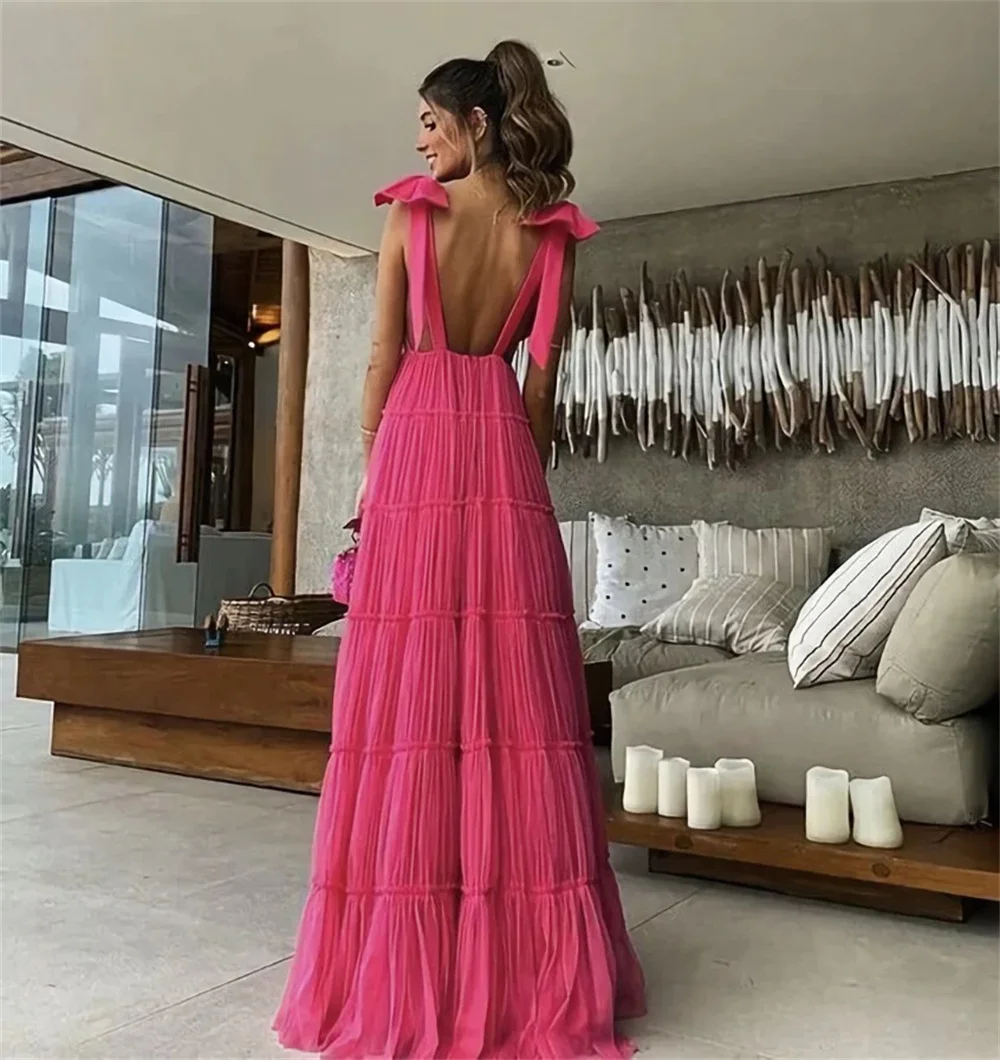 Cathy Hot Pink V-neck Wedding Dresses Backless Tulle A-line فساتين سهرة Elegant Sleeveless Floor-length vestidos de fiesta 2024