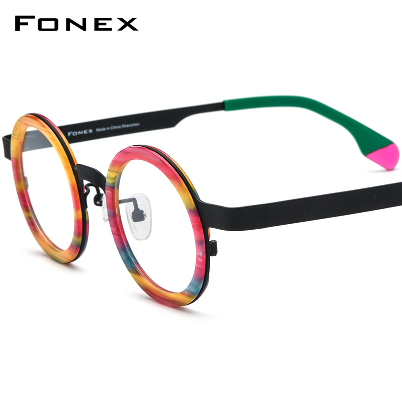 FONEX Acetate Titanium Glasses Frame Men 2024 New Women Colorful Retro Small Round Eyeglasses Vintage Eyewear F85816