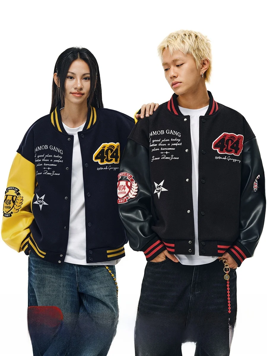 

American Sle Heavy Work Baseball Jaet Men's Women's Wool PU Leather Patchwork Loose Color Blo Coat Towel Embroidery