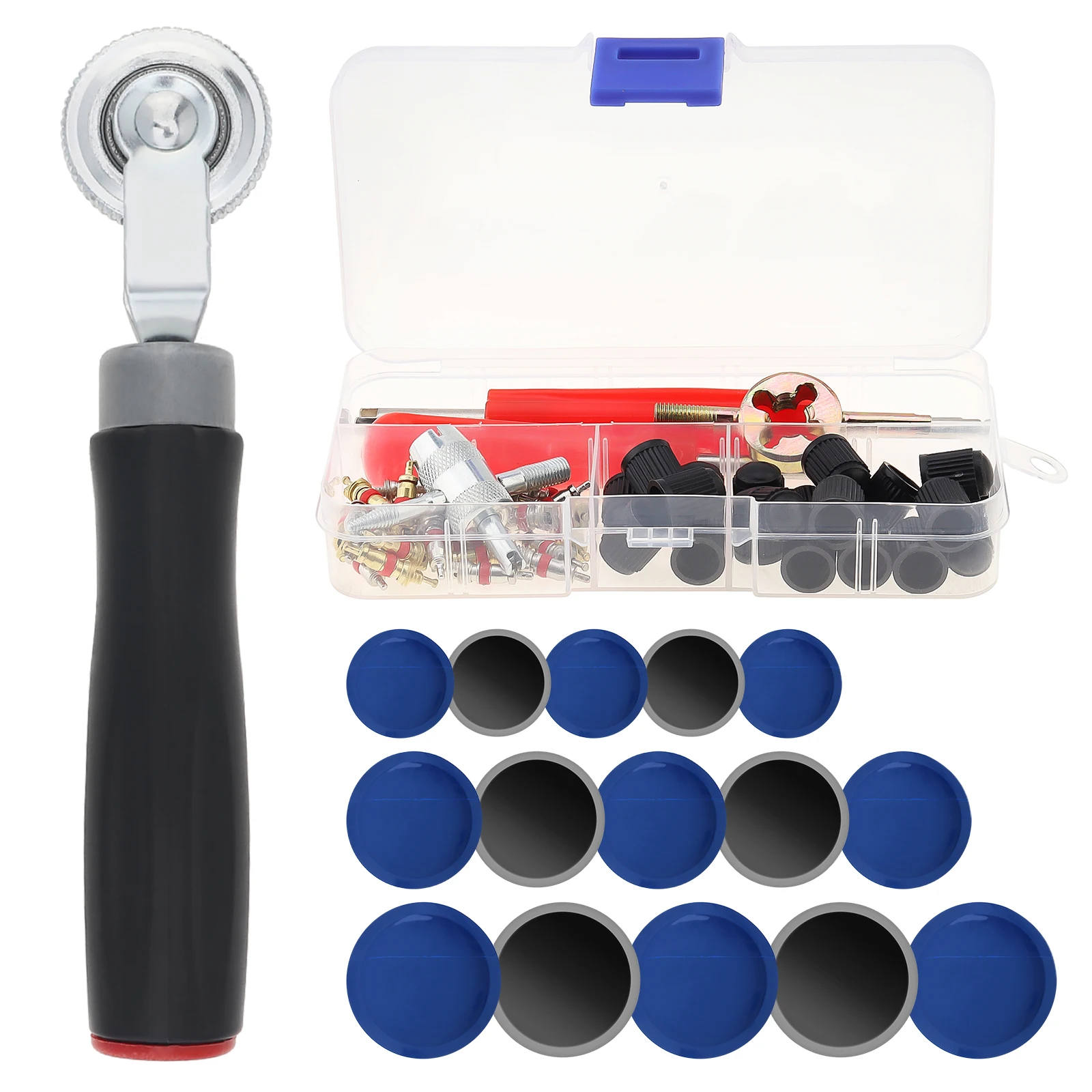 70pcs/set 32mm 42mm 58mm Natural Rubber Tire Patches and Tire Roller with Tire Valve Caps / 4-Way Valve Tool / Valve Core Wrench