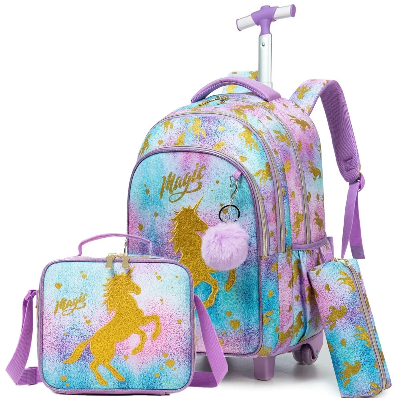 3PCS Rolling Backpack School Trolley Bag for Girls Roller Backpack for Elementary Students Carry on Luggage Bookbag with Roller