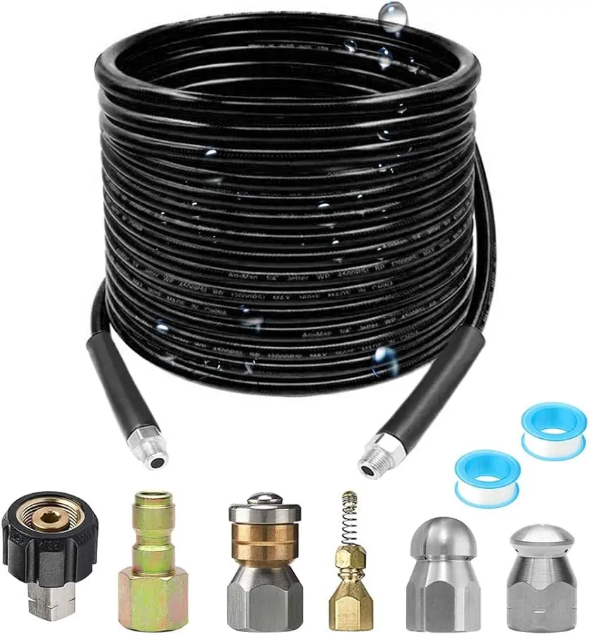 

Комплект умывателя для канализации под давлением — 50 футов X 1/4 дюйма, шланг для очистки гидрополива, угловой, вращающийся и кнопочный наконечник для канализации Нет