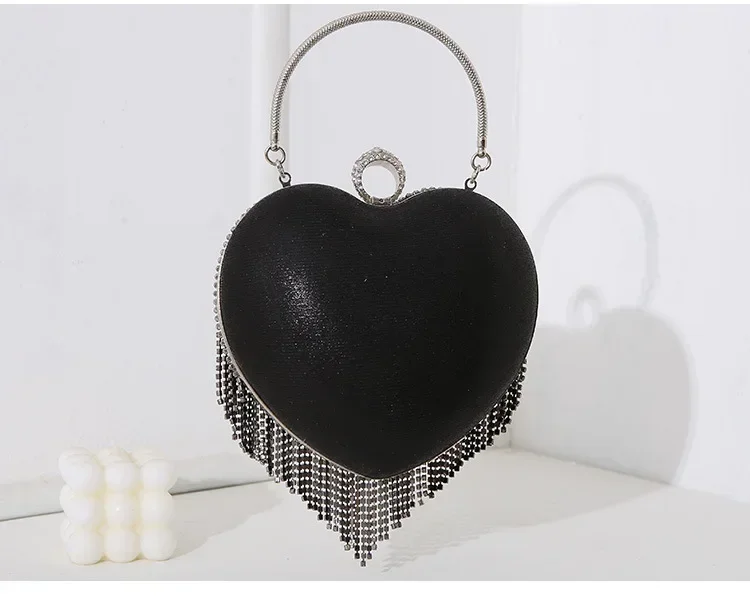 Damen-Handtasche mit silbernem Strass-Herzmuster, Diamant-Quaste, Bankett-Clutch, Hochzeits-Braut-Abendtasche – Detail 4