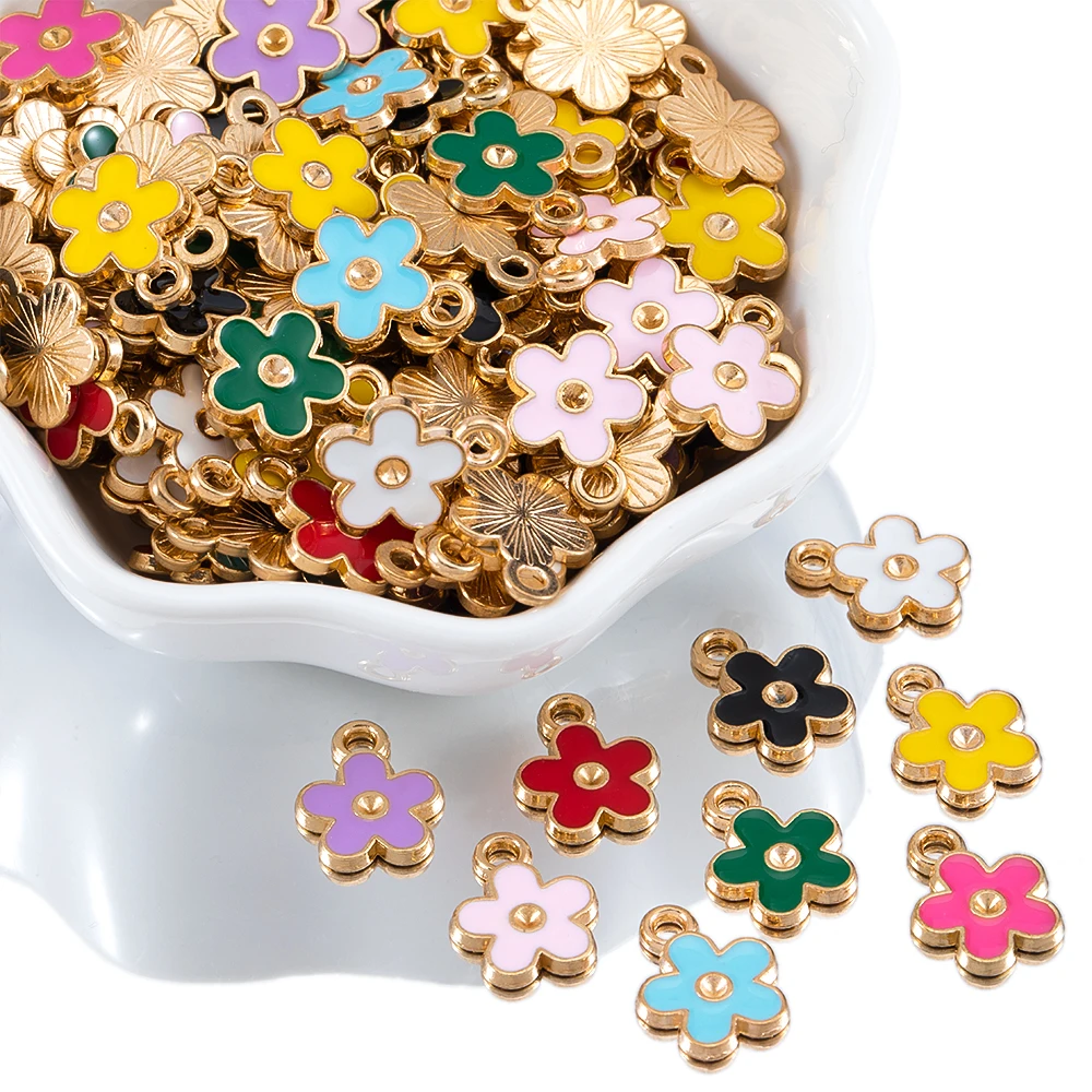 50pcs/lot 10mm Cute Small Flower Charms Color Alloy Pendants for DIY Bracelet Necklaces Jewelry Making Accessories