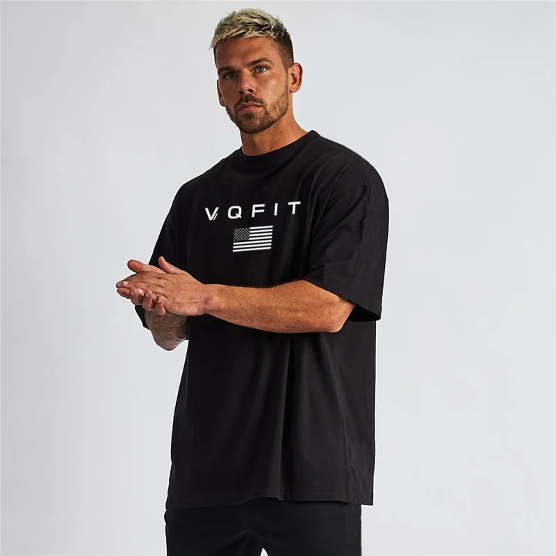 VQFIT American Flag Summer Cotton Oversized Half Sleeve Shirts Mens Gym Fitness Loose Casual Lifestyle T-shirts Hip-Hop Clothing